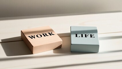 A wooden block labeled "WORK" sits alongside another labeled "LIFE," emphasizing the balance between professional and personal aspects of existence.