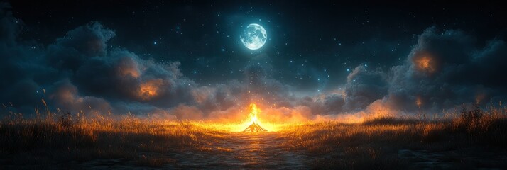 Naklejka premium Night Bonfire Under a Full Moon