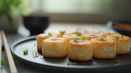 Artfully arranged Radish cakes on neutral background