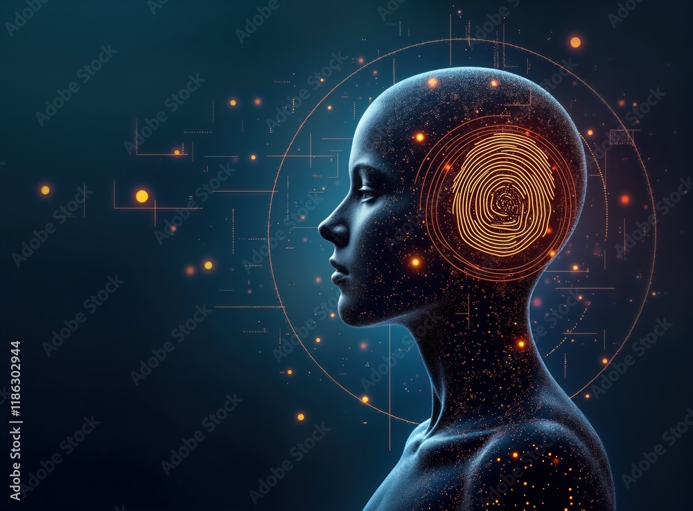 Poster Abstract illustration of futuristic person with glowing fingerprint on head. Person appears digital AI. Tech concept for biometric identification, security, access control. Modern design highlights