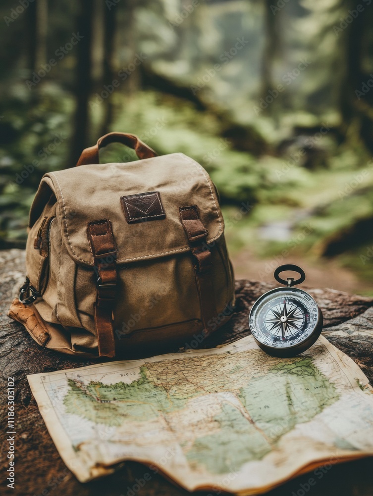 Poster Exploring the wilderness with a backpack, compass, and map under the forest canopy. Generative AI