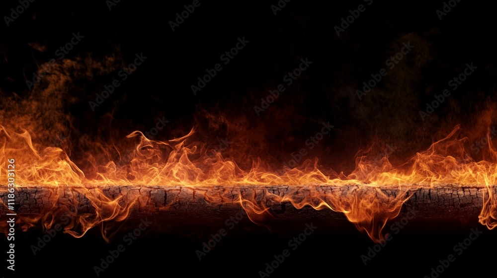 Poster intense flames engulfing a burning log, creating a dramatic scene against a black backdrop, perfect 