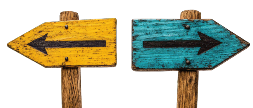 Two Rustic Arrow Signs Indicating Opposite Directions in Contrasting Yellow and Blue
