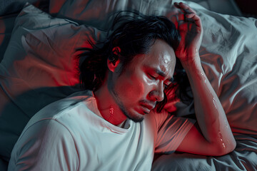 man in his thirties is lying on the bed, holding one hand to cover up an ear that seems to be going insane. His expression looks turned red with pain or aura, and sweat is dripping down from him