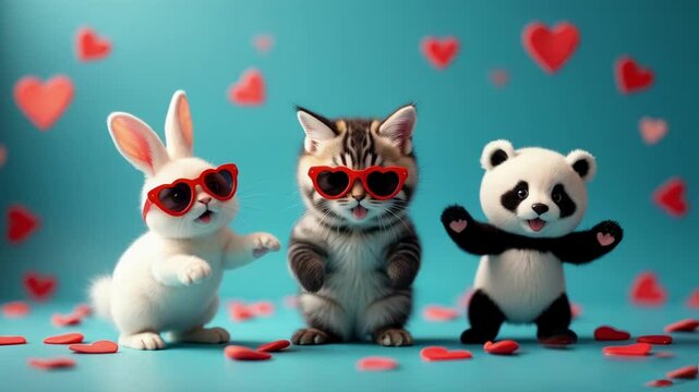 A dancing cat, bunny, and panda wearing red heart-shaped sunglasses. The background features floating hearts, creating a fun, playful, and cute atmosphere