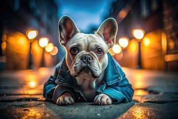 Cool, calm Frenchie in denim, bathed in low light; a white and brown chill.