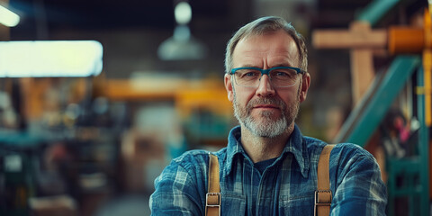 Portrait of a confident senior craftsman in a workshop, wearing a plaid shirt and glasses. The workshop background and warm lighting create a professional and welcoming atmosphere.