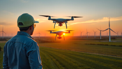 Drone Operator and Wind Farm: Man operating two drones over a wind turbine farm at sunset, renewable energy inspection
