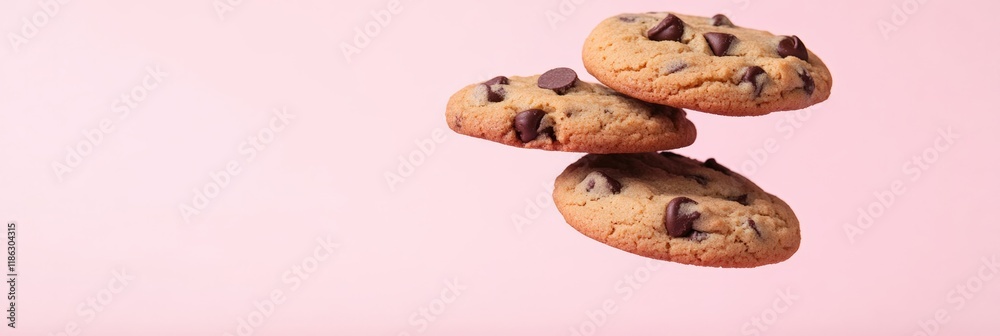 Poster three mouthwatering chocolate chip cookies levitating against a vibrant pink backdrop, creating an e