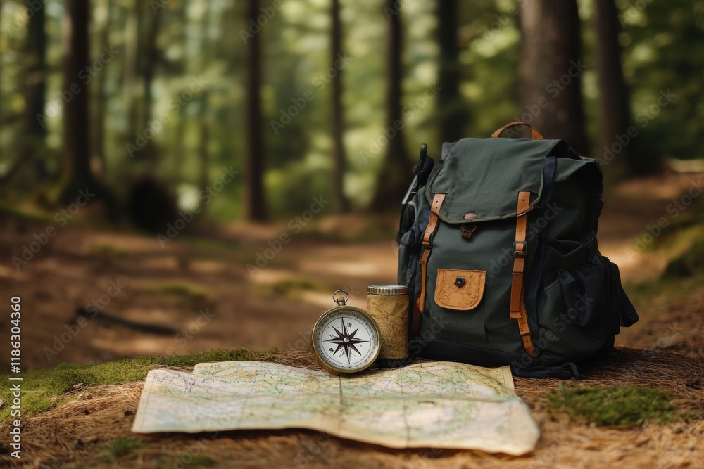 Aufkleber Exploring nature with a well equipped backpack, compass, and map in a lush forest setting during daylight. Generative AI