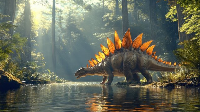 Stegosaurus walking near a tranquil river, vibrant plates on its back reflecting sunlight, peaceful prehistoric setting --ar 16:9 --v 6.1 Job ID: f5911376-570a-4ca0-9940-334b7e7e4aed