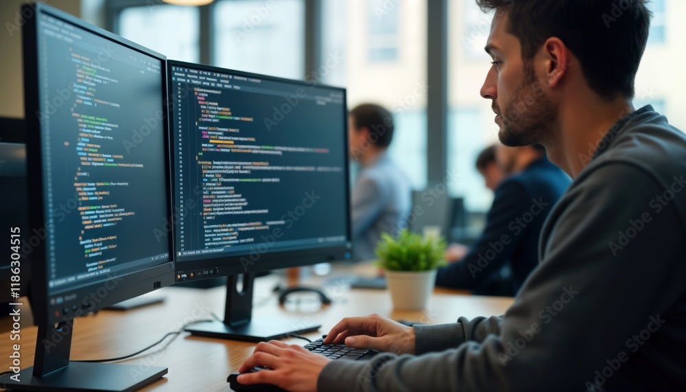 Poster Focused programmer works at computer in modern office. Developer codes on laptop. Team collaborates on project. Person engrossed in coding. Modern tech office environment. Concentrated work. Business