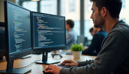 Focused programmer works at computer in modern office. Developer codes on laptop. Team collaborates on project. Person engrossed in coding. Modern tech office environment. Concentrated work. Business