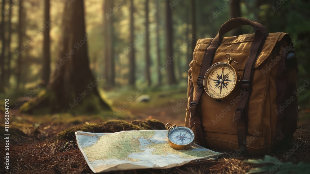 Poster exploring the forest with a compass, map, and backpack on a sunlit morning. generative ai