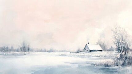 Snowy cottage, winter landscape, frozen lake, calm sunset, home decor