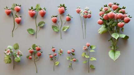 Strawberry collection featuring individual berries, clusters, and artistic arrangements, bright and clean background --ar 16:9 --v 6.1 Job ID: 6fa68741-5f28-4180-86ac-b28d9365e179