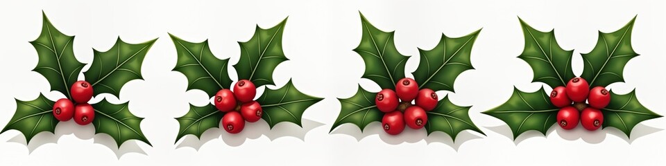 Christmas holly sprigs with red berries. Graphic design elements for holiday decorations. Illustration isolated on white background. Ideal for holiday greeting cards, seasonal designs. Collection of