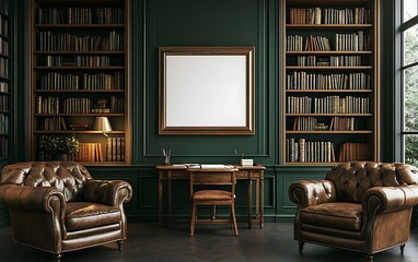 Elegant study, leather chairs, bookshelves, green walls, desk; perfect for home office