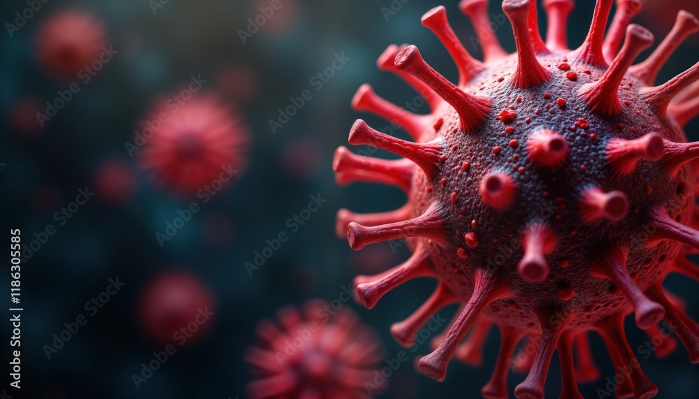 Poster Closeup view of virus particle. Macro illustration of virus. Detailed 3d render shows complex molecular structure. Virus cell floats against dark background. Medical illustration. Scientific, medical