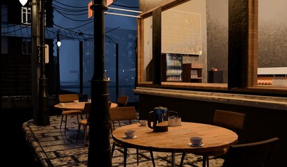 Roadside coffee shop, night, cafe, 3D illustration