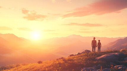 Fototapeta premium Father and Son Silhouette at Sunset Mountain View