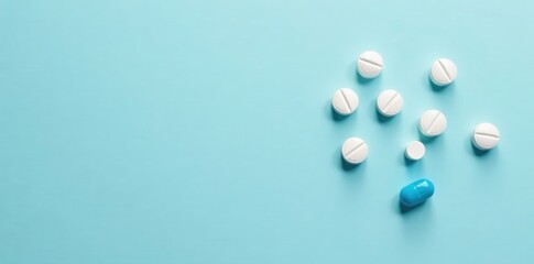 Soft white pills scattered on a pale blue surface, with a few blue pills rolling away, blue pills, scatter