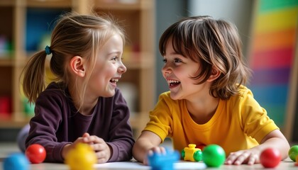 Two children play together on floor. Laughing, looking at. Wearing colorful clothes. Toys scattered around. Background colorful, rainbow pattern. Image represents happy autism day celebration
