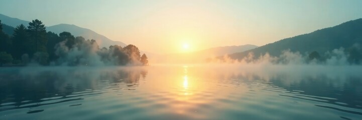 Obraz premium Sunlight filters through haze on lake surface, sun, foggy, sunlight