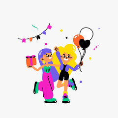 Two girls celebrating with balloons and a gift in flat vector illustration symbolizing friendship, celebration, and party fun, isolated on white background