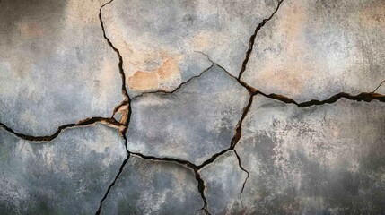 Obraz premium Weathered grey wall with visible cracks and worn-out sections, offering a rugged and authentic background for design projects --ar 16:9 --v 6.1 Job ID: 505fc200-98ca-4888-8aa5-31251dc7e799