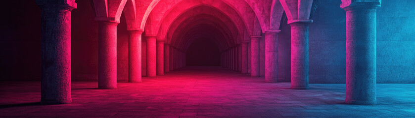 Obraz premium A dimly lit corridor with arching columns, showcasing vibrant pink and blue lighting, creating a mysterious and atmospheric ambiance.