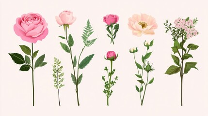 Obraz premium Wedding flower vector set, including pink roses, peonies, and greenery, arranged in a cohesive and elegant style for event decor --ar 16:9 --v 6.1 Job ID: 6a168506-c4b6-4667-a693-0db58cc4d082