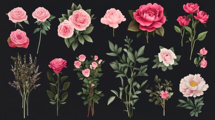 Wedding flower vector set, including pink roses, peonies, and greenery, arranged in a cohesive and elegant style for event decor --ar 16:9 --v 6.1 Job ID: 6a168506-c4b6-4667-a693-0db58cc4d082