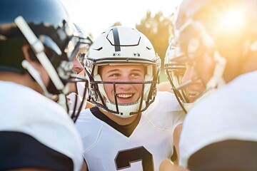 American football players in a huddle during practice