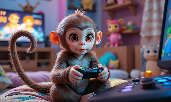 Adorable Baby Monkey Gamer: Digital Art of a Cute Primate Enjoying Video Games in a Cozy Room Setting