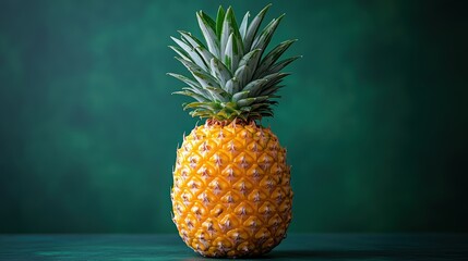 A lone pineapple resting on a surface, showcasing its textured skin and vibrant yellow hue