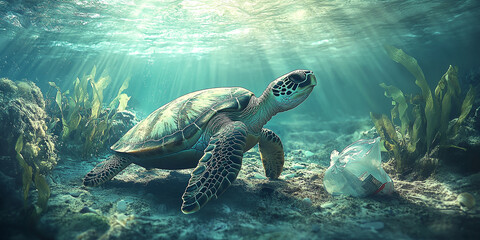 Fototapeta premium A sea turtle swims underwater near a plastic bag amid seaweed, highlighting marine pollution, ocean conservation issues, and the impact of plastic waste on wildlife.