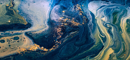 Art wall painting blue and green neutral toned and golden splashes. © Anntuan