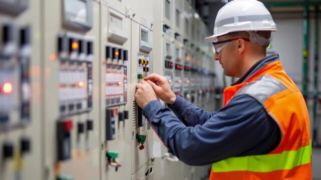 An electrician in protective clothing working with an electrical panel would be suitable for publications about professional safety, training and employment in the electrical field.