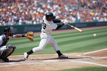 baseball player is swinging a bat at a ball. The batter is wearing a helmet and a white uniform