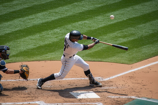  baseball player is swinging a bat at a ball. The catcher is behind him, ready to catch the ball. The scene is intense and exciting, as the batter is trying to hit the ball