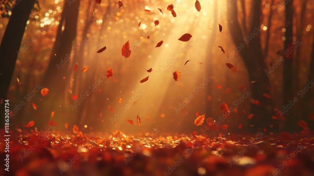 Fototapete Autumn leaves cascading down in a tranquil forest setting with golden sunlight filtering through the trees. Generative AI