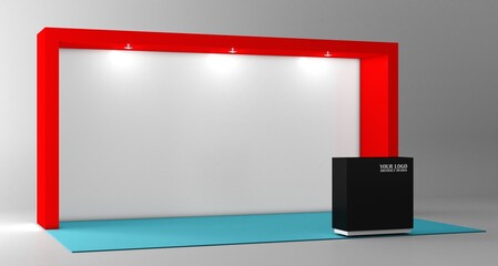 Obraz premium Exhibition stand mockup and flat used for branding and corporate identity. Empty stand or booth in a tradeshow. Virtual exhibition. Template mockup for your expo design. Trade show expo booth.