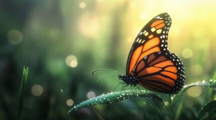 A realistic and striking image of a Monarch butterfly perched on a dewy green leaf. The butterflyvibrant orange and black wings shimmer.