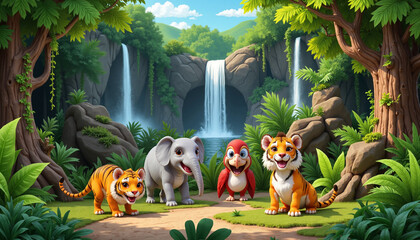 Naklejka premium Playful jungle scene with elephant, tiger, parrot, and baby tiger near waterfall