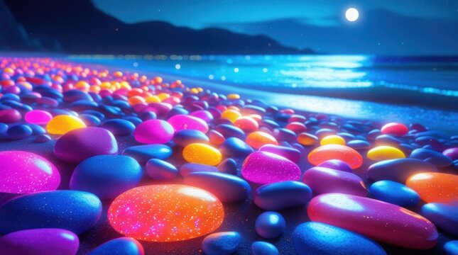 A vibrant, hyperrealistic digital painting of a beach at night. The scene is a close-up view of many brightly colored, smooth, rounded stones, various shades of fuchsia, violet, neon blue, orange..