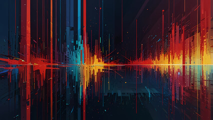 Obraz premium A glitch-inspired abstract illustration with jagged streaks of red, blue, and yellow, interspersed with pixelated noise and warped grids, capturing the essence of digital distortion and fragmentation