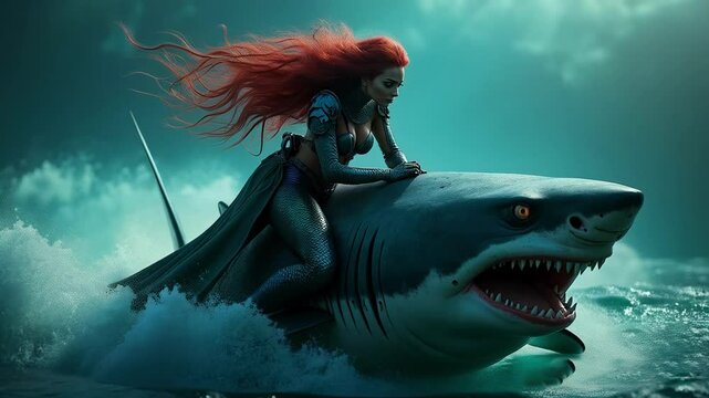 A fierce warrior with flowing red hair rides a monstrous shark with glowing eyes through misty waters, set against a dramatic fantasy landscape. A scene of power and mythical adventure