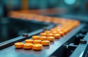 Orange pills move along conveyor belt in pharmaceutical factory. Automated production line efficiently manufactures medicine tablets. Modern tech for health care industry. Manufacturing process
