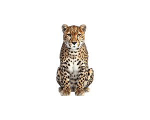 A cheetah sits facing the camera against a black background.
